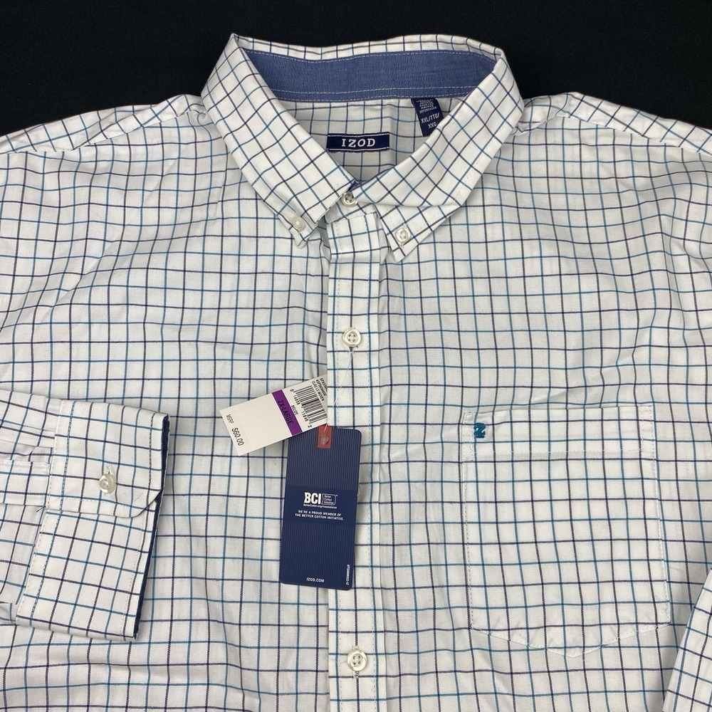 IZOD Shirt Men's XXL White w/ Blue-Teal Checks Flip Cuffs Wrinkle Free NWT!